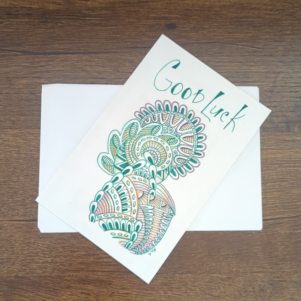 🌻5/$20 Handmade Floral Zentangle Good Luck Card- Green, Pink & Orange